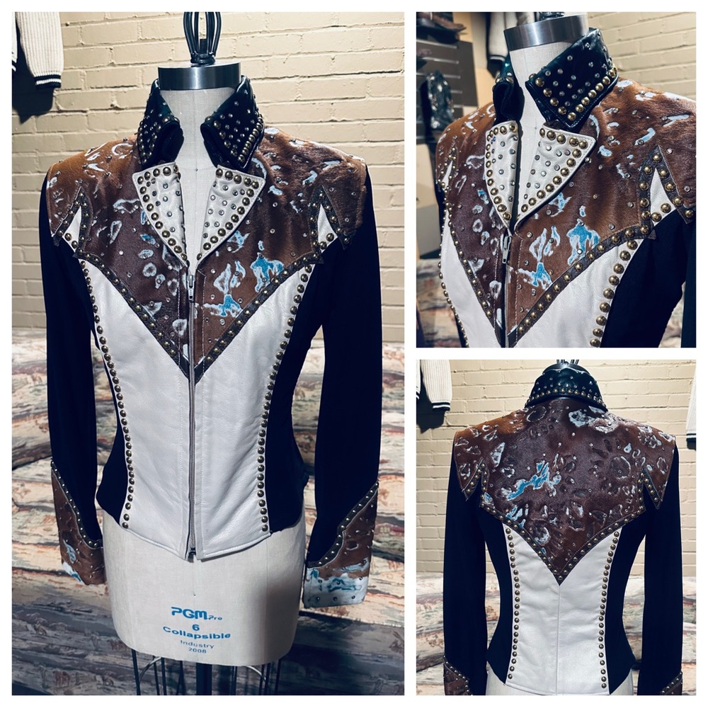 SPECTACULAR Vintage Leather & Cowhide Studded Western Equestrian Jacket